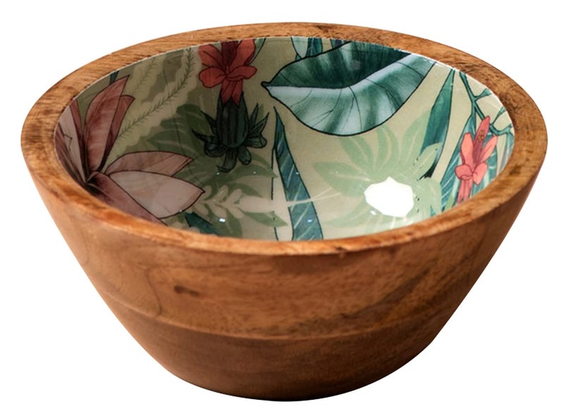 nestroots Wooden Serving Bowl for Snacks & Dry Fruits | Green Printed Multipurpose Bowl for Dining & Kitchen| Handcrafted Snacks Bowl (6 Inches, Set of 1) - Image 1