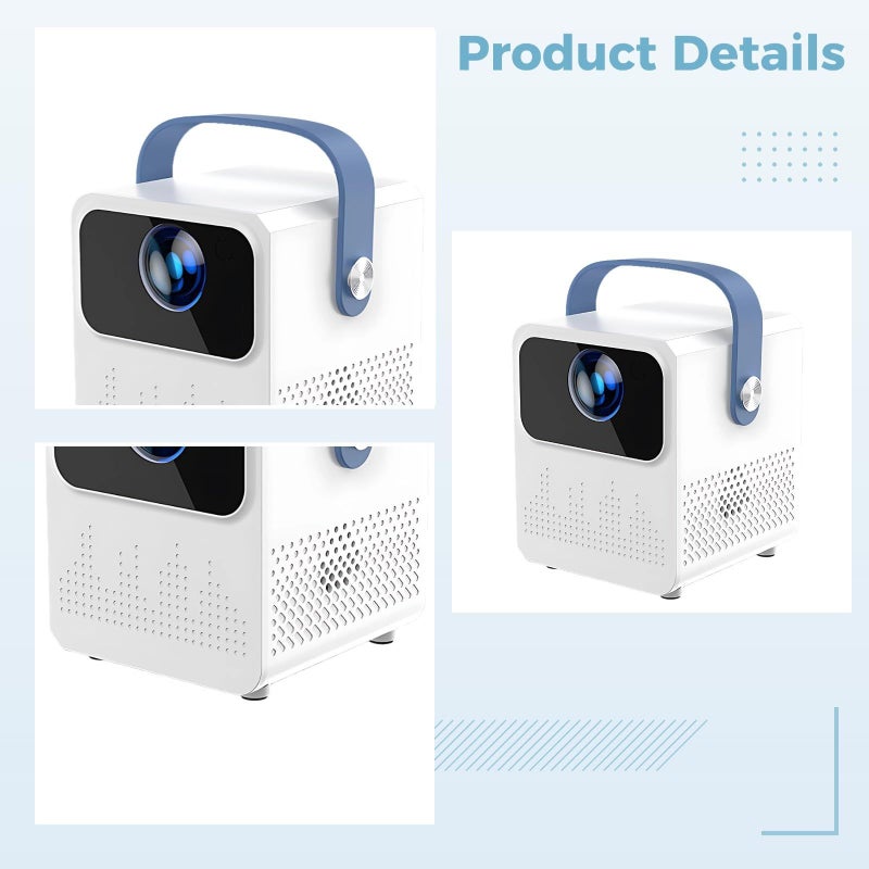 جهاز عرض ذكي مع نظام أندرويد، شاشة بحجم 50-120 بوصة، تصحيح انحراف (Keystone)، WiFi بتردد 2.4 و5.0 جيجاهرتز، واجهة USB، قابس أمريكي، محمول، الأبعاد 6 × 5.1 × 5 بوصة، لون أبيض. - Image 3