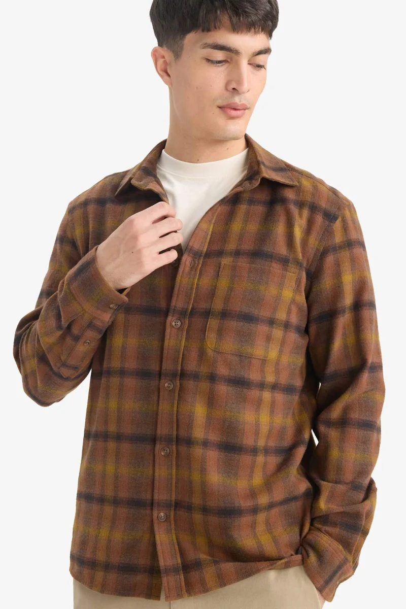 DeFacto Regular Fit Polo Collar Plaid Flanel Long Sleeve Shirt