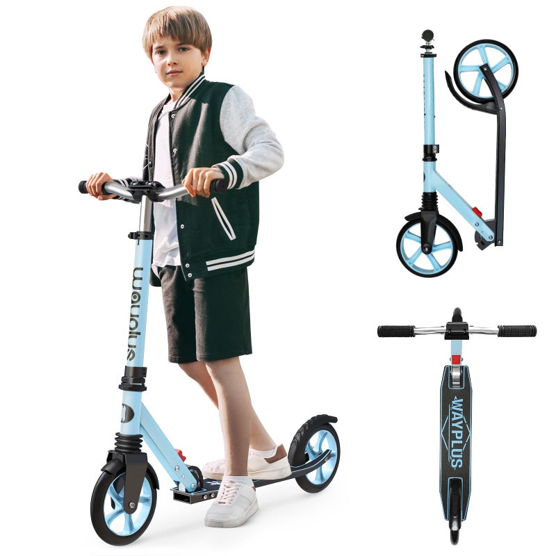 WAYPLUS Kick Scooter for Kids and Teens, Blue, 8-Inch, Foldable, Lightweight, Safety Features, Smooth Ride, Adjustable Height - Image 1