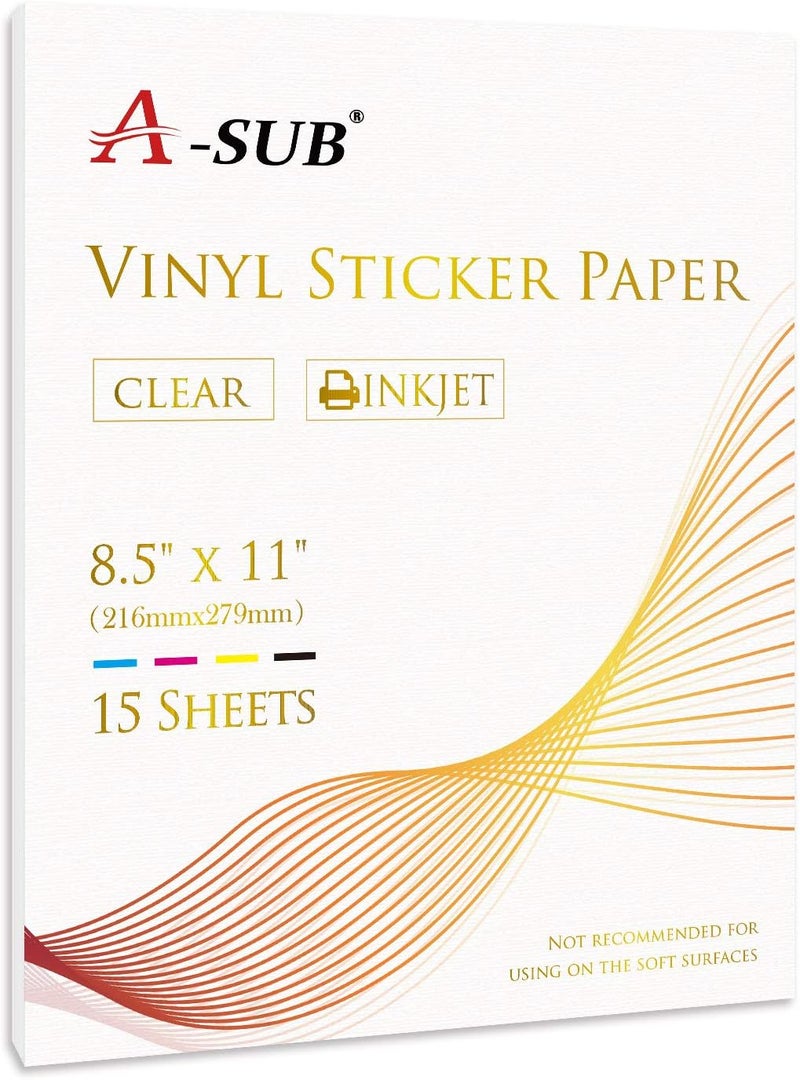 A-SUB Clear Sticker Paper for Inkjet Printers - Waterproof Translucent Printable Vinyl Sticker Paper - 15 Sheets 8.5x11 Inch Glossy Clear Label Paper for Custom Decals - Image 1