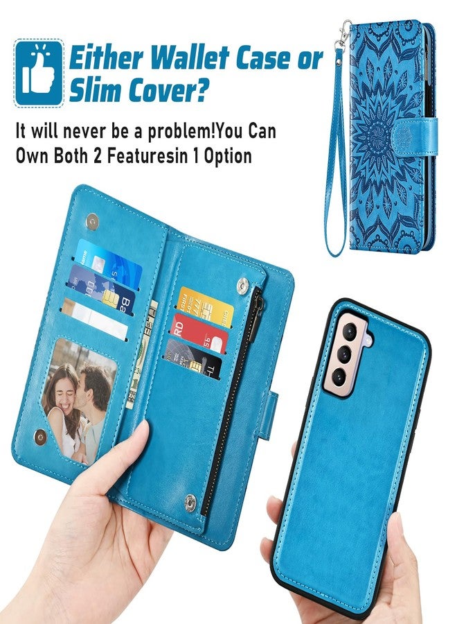 أسو ويش جراب هاتف Asuwish لهاتف سامسونج جالاكسي S21 بلس S21+ 5G، مزود بسحاب، غطاء قابل للفصل مغناطيسيًا مع واقي شاشة، حزام كتف، حامل بطاقات بتصميم زهرة، لون أزرق، مناسب للرجال والنساء. - Image 4