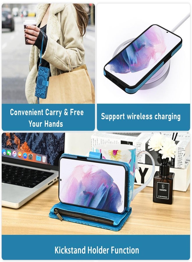 أسو ويش جراب هاتف Asuwish لهاتف سامسونج جالاكسي S21 بلس S21+ 5G، مزود بسحاب، غطاء قابل للفصل مغناطيسيًا مع واقي شاشة، حزام كتف، حامل بطاقات بتصميم زهرة، لون أزرق، مناسب للرجال والنساء. - Image 5