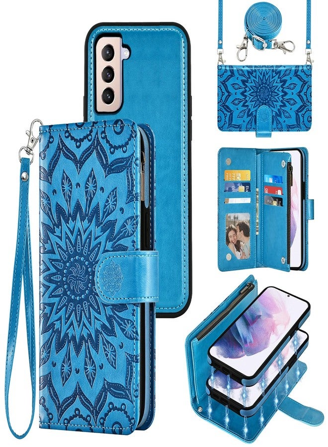 أسو ويش جراب هاتف Asuwish لهاتف سامسونج جالاكسي S21 بلس S21+ 5G، مزود بسحاب، غطاء قابل للفصل مغناطيسيًا مع واقي شاشة، حزام كتف، حامل بطاقات بتصميم زهرة، لون أزرق، مناسب للرجال والنساء. - Image 1