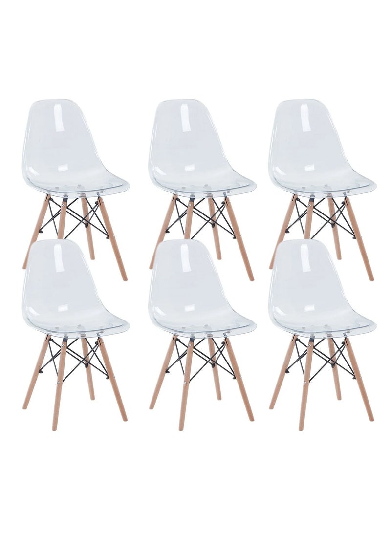 Taimi Set of 6 Modern Transparent Plast Style Plastic Dining Chair Mid Century Modern DSW Chair, Shell Lounge Plastic Chair with Natural Wooden Legs for Office, Kitchen, Dining, Bedroom, Living Room Side Chair Clear - Image 1