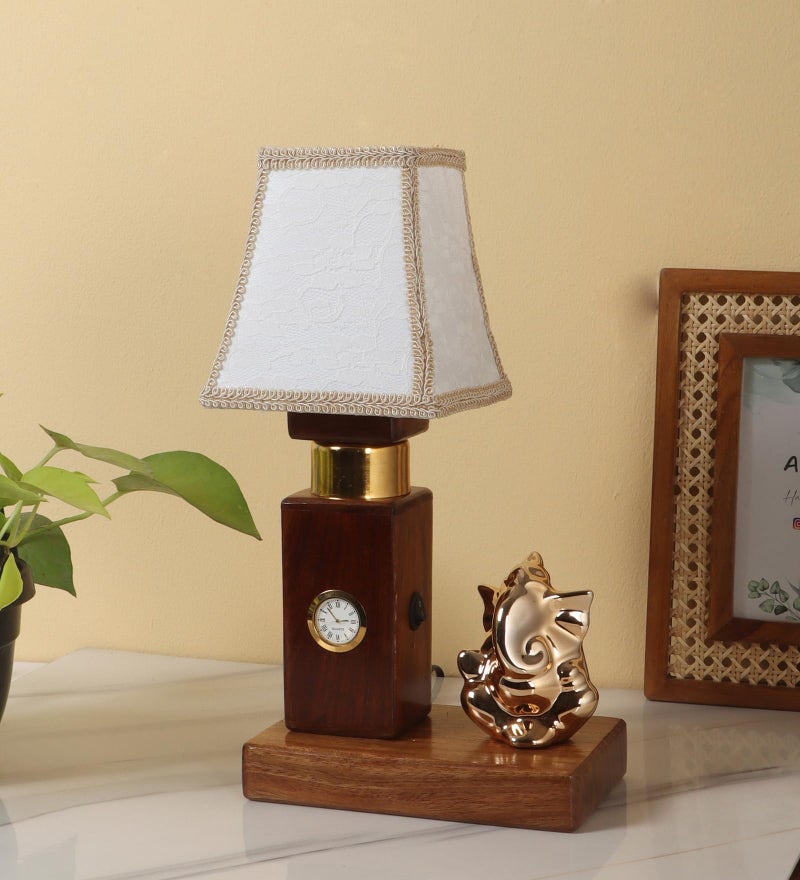 Green House Handmade Sheesham Wood Table Lamp | Ganesh Ji Idol, White Shade | 6W Warm White LED | Functional Clock | Living Room, Bedroom, Dining | Festive Diwali Decor | Corporate Gifting - Image 2