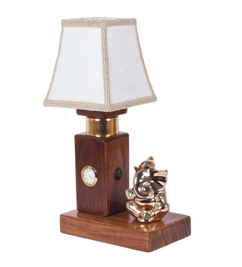Green House Handmade Sheesham Wood Table Lamp | Ganesh Ji Idol, White Shade | 6W Warm White LED | Functional Clock | Living Room, Bedroom, Dining | Festive Diwali Decor | Corporate Gifting - Image 5