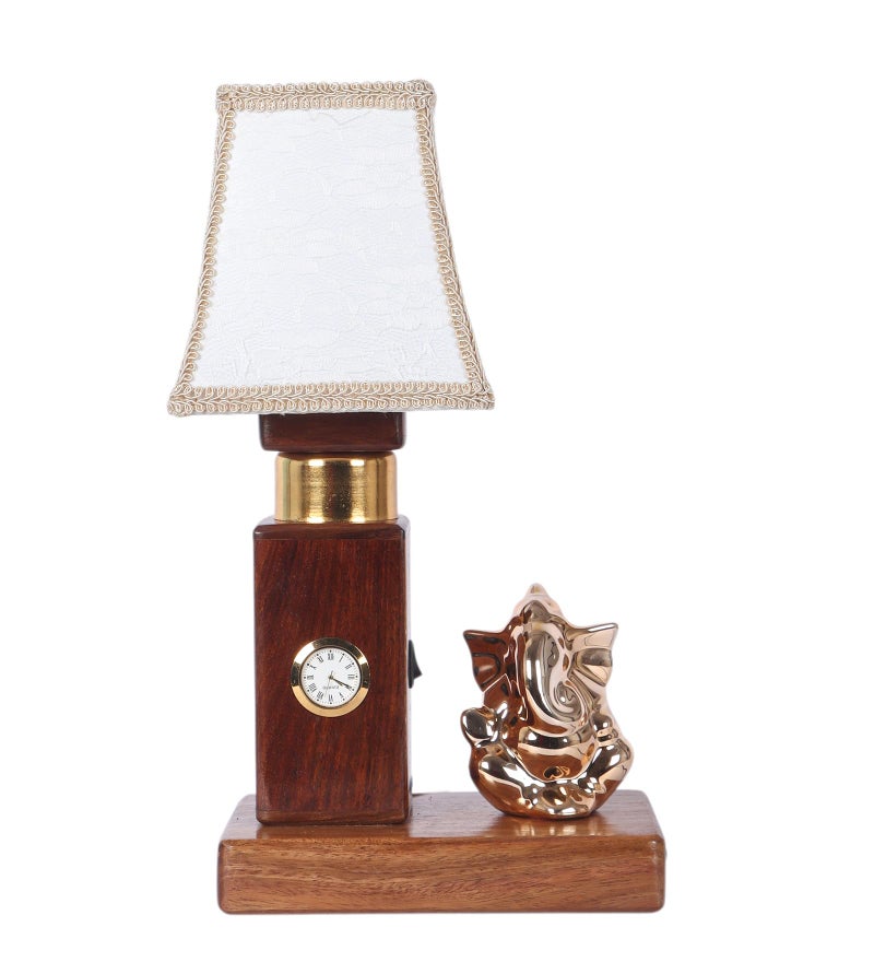 Green House Handmade Sheesham Wood Table Lamp | Ganesh Ji Idol, White Shade | 6W Warm White LED | Functional Clock | Living Room, Bedroom, Dining | Festive Diwali Decor | Corporate Gifting - Image 3