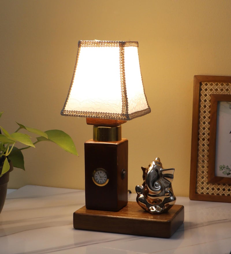 Green House Handmade Sheesham Wood Table Lamp | Ganesh Ji Idol, White Shade | 6W Warm White LED | Functional Clock | Living Room, Bedroom, Dining | Festive Diwali Decor | Corporate Gifting - Image 4
