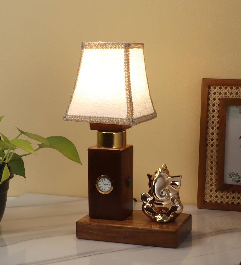 Green House Handmade Sheesham Wood Table Lamp | Ganesh Ji Idol, White Shade | 6W Warm White LED | Functional Clock | Living Room, Bedroom, Dining | Festive Diwali Decor | Corporate Gifting - Image 1