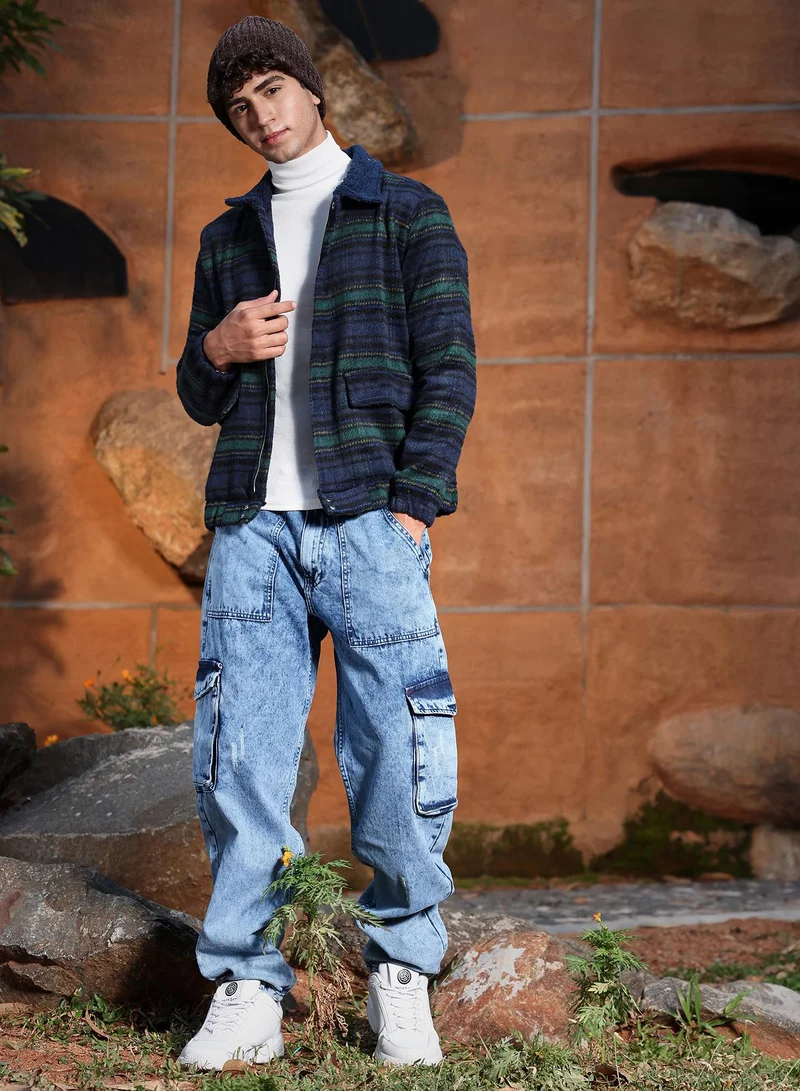 Campus Sutra Campus Sutra Men's Navy Blue & Emerald Green Striped-Jacquard Sherpa-Lined  Jacket | Point Collar  , Ribbed Cuff Sleeves , Zipper  Closure , Straight Hem | Stripes Jacquard For Casual & Daily Wear