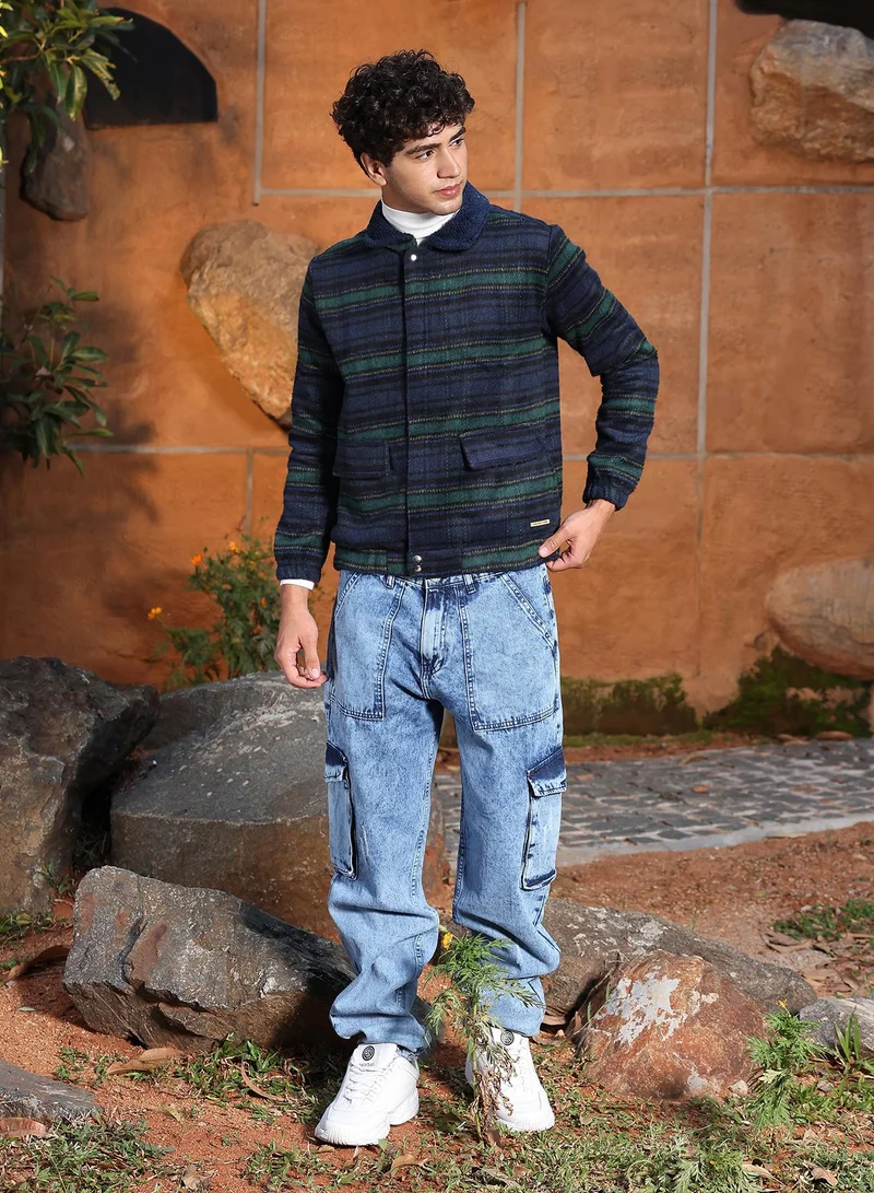 Campus Sutra Campus Sutra Men's Navy Blue & Emerald Green Striped-Jacquard Sherpa-Lined  Jacket | Point Collar  , Ribbed Cuff Sleeves , Zipper  Closure , Straight Hem | Stripes Jacquard For Casual & Daily Wear