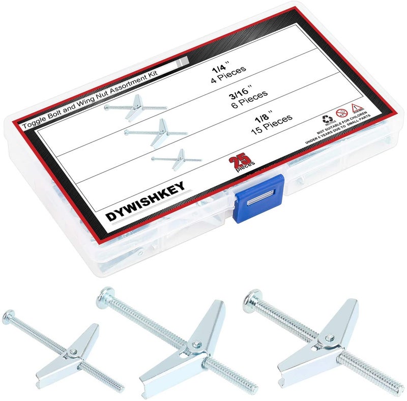 DYWISHKEY 25 Pieces Toggle Bolt and Wing Nut Assortment Kit, 1/4" 3/16" 1/8" for Hanging Heavy Items on Drywall - Image 1