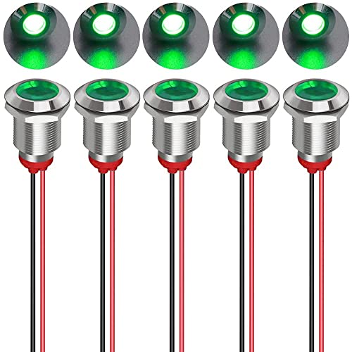 Gebildet 5pcs 12mm LED Metal Indicator Light AC/DC 12-24V Waterproof Signal Lamp Pilot Dash Directional with Wire(Green) - Image 1