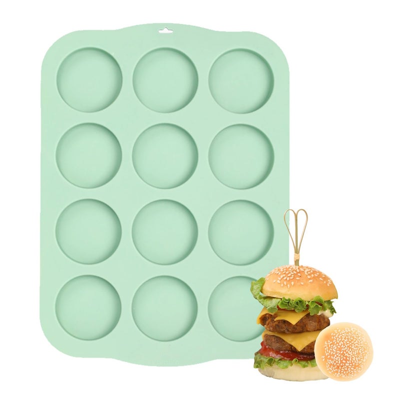 QELEG Silicone Round Muffin Top Pans for Baking 3 NonStick Hamburger Bun Mold Jumbo Egg Molds for Muffins Pancake Tarts Corn Bread Burger Bun Oreo Cookie 12 cavities Green