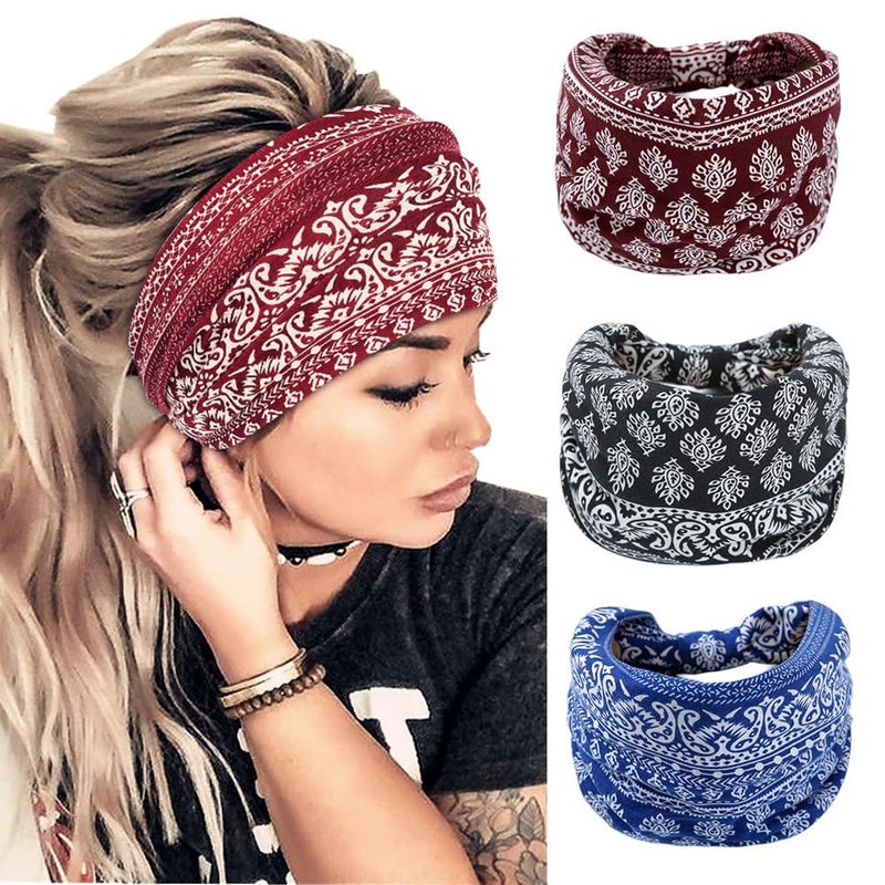 Melodio Womens Wide Bandana Headband Elastic Floral Print Nonslip Headband Elastic Bandana Headband 3 Color Set - Image 1