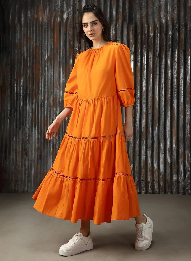 HIGH STAR Women's Orange Poplin Solid Midi A-Line Dress
