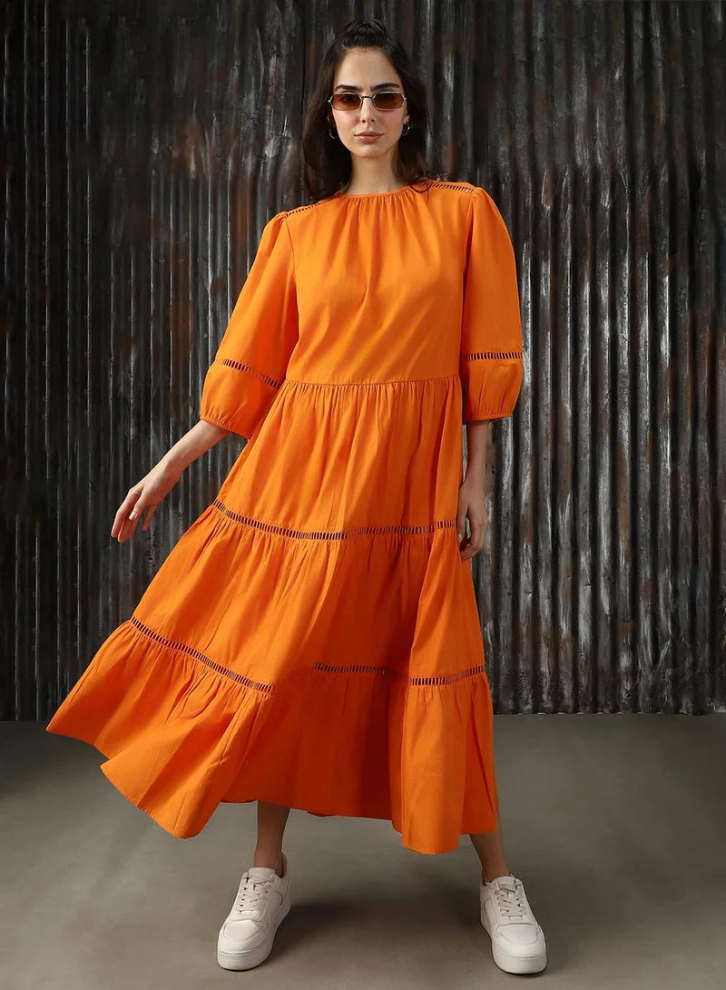HIGH STAR Women's Orange Poplin Solid Midi A-Line Dress