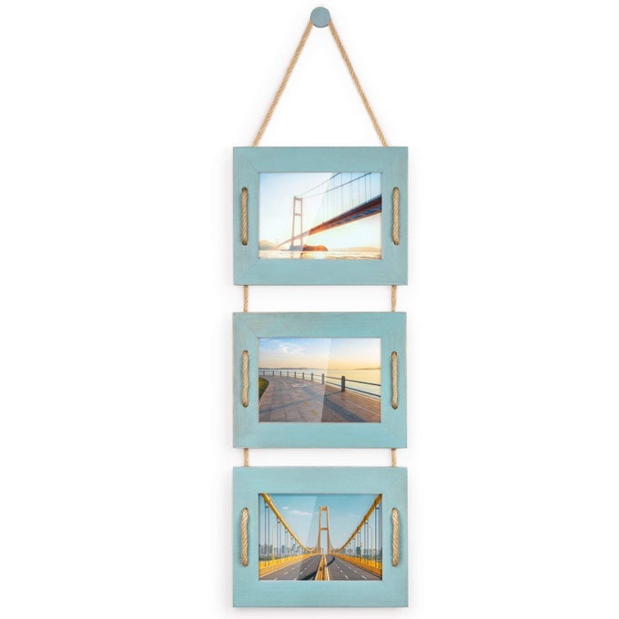 5X7 HANGING PICTURE FRAMES COLLAGE WALL DECOR 3OPENING PHOTO FRAMES 5X7 WITHOUT MAT 35X5 WITH MAT RUSTIC WOOD 3 PHOTO FRAMES OCEAN BLUE