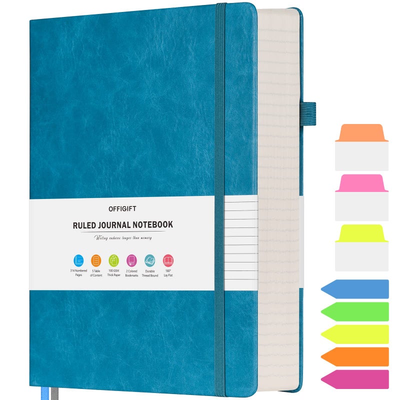 OFFIGIFT Lined Journal Notebook, Large A5 College Ruled Notebook, 312 Numbered Pages Work Notebook with Index Stickers, 100gsm Thick Paper, Hardcover Vegan Leather Journal for Women Men School Office, Blue - Image 1