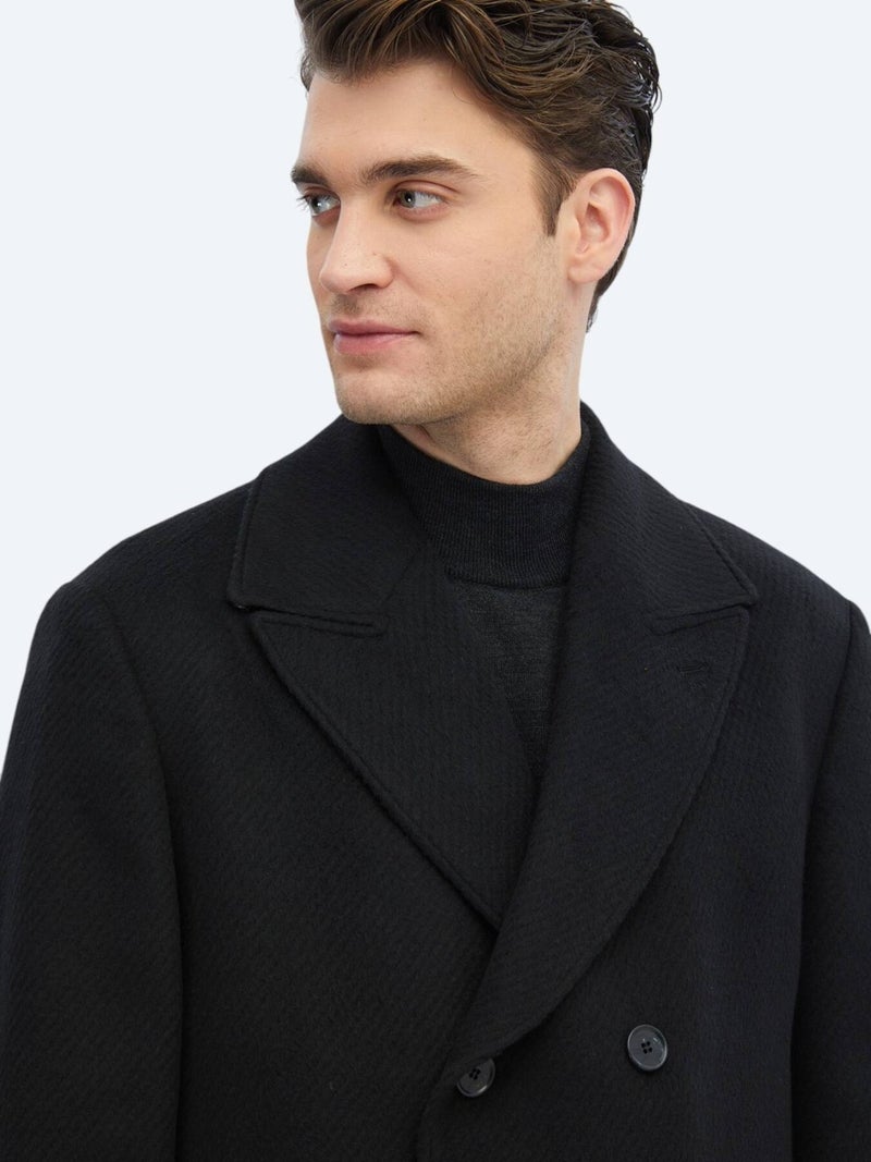 Black Woven Double Breasted Coat