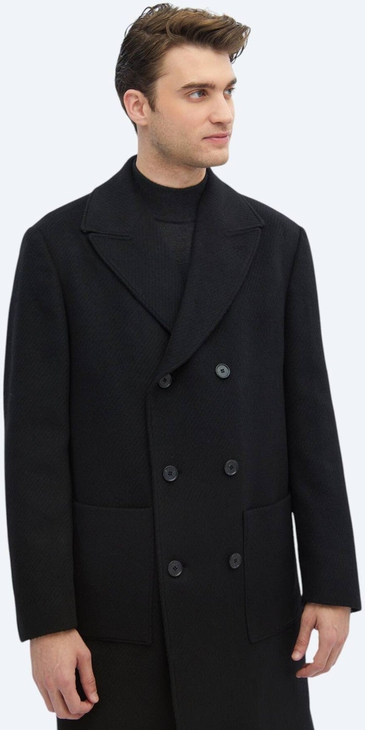 Black Woven Double Breasted Coat