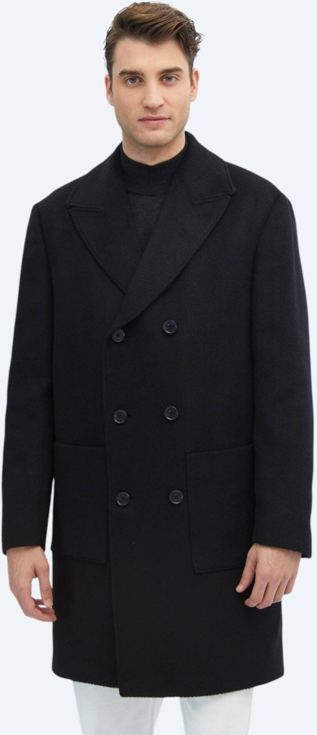 Black Woven Double Breasted Coat