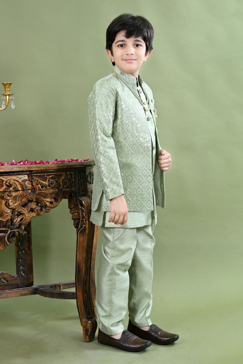 BT DEZINES Light Green Sherwani Set for Boys - Image 3