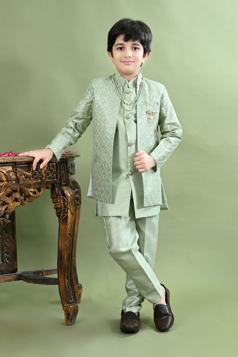 BT DEZINES Light Green Sherwani Set for Boys - Image 1