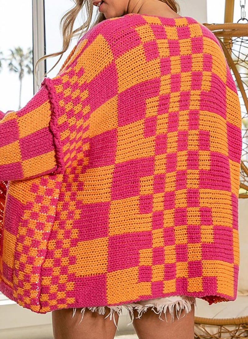 SELINK Women's Cardigan Sweater Vintage Multicolor Open Front Mixed Checkered Pattern Chunky Knit Plaid Long Sleeve Daily Outwear M - Image 2