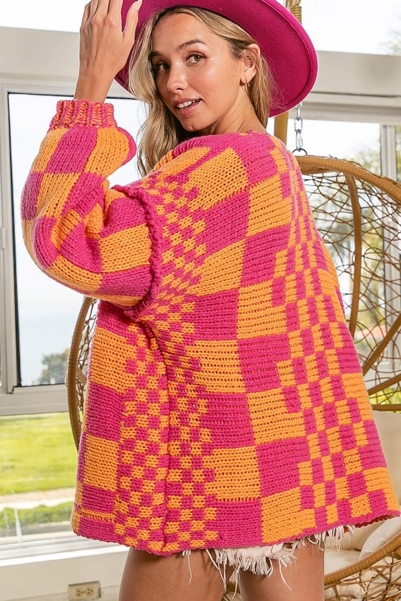 SELINK Women's Cardigan Sweater Vintage Multicolor Open Front Mixed Checkered Pattern Chunky Knit Plaid Long Sleeve Daily Outwear M - Image 3