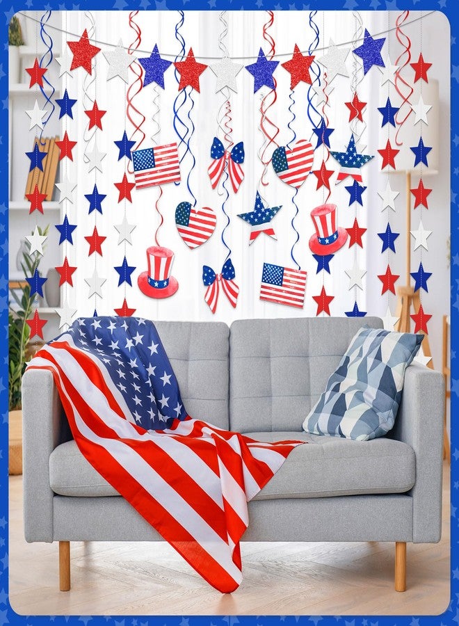 Simgoing 38Pcs Veterans Day Hanging Decorations Glitter Stars Banner Watercolor Patriotic Hanging Swirl Streamers 4th of July Red White Blue Garlands for Memorial Independence Day Retro Decor Supplies - Image 2