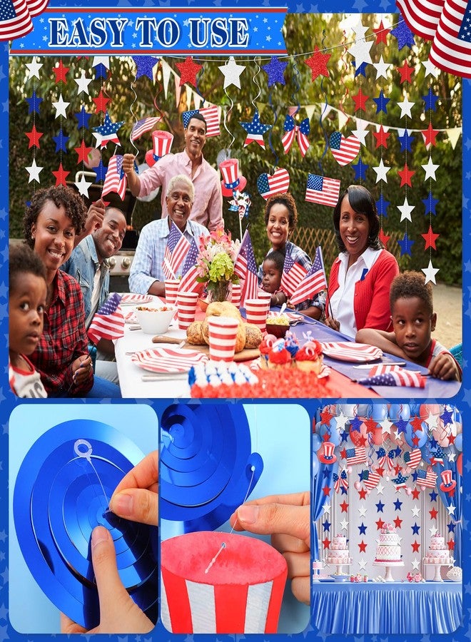Simgoing 38Pcs Veterans Day Hanging Decorations Glitter Stars Banner Watercolor Patriotic Hanging Swirl Streamers 4th of July Red White Blue Garlands for Memorial Independence Day Retro Decor Supplies - Image 3