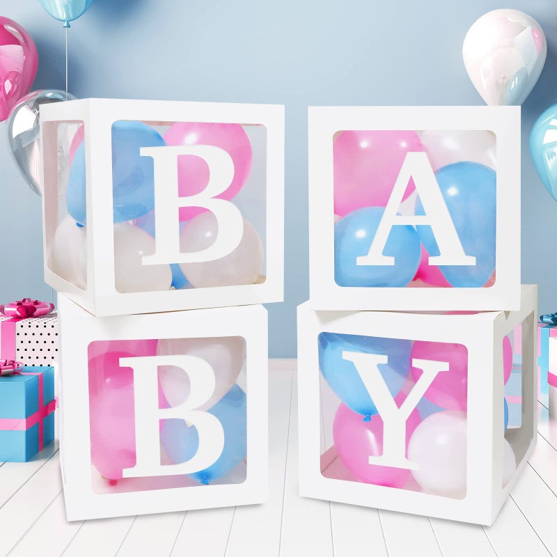 RUBFAC Baby Boxes with 41 Letters and 36 Balloons, 4pcs Clear Balloon Boxes for Baby Shower Gender Reveal Girl Boy Blocks Birthday Party Decorations - Image 1