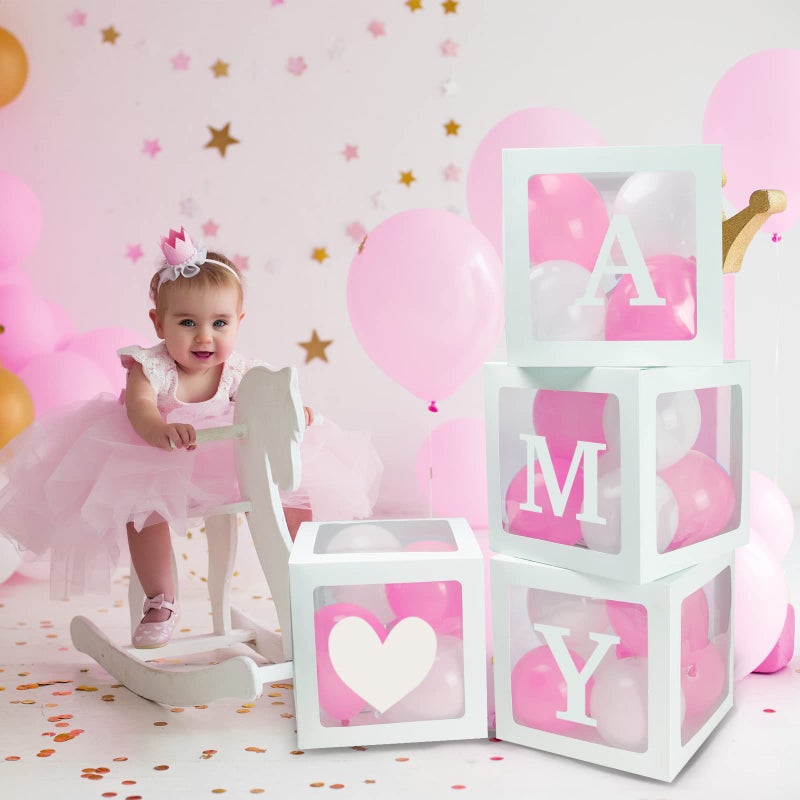 RUBFAC Baby Boxes with 41 Letters and 36 Balloons, 4pcs Clear Balloon Boxes for Baby Shower Gender Reveal Girl Boy Blocks Birthday Party Decorations - Image 5