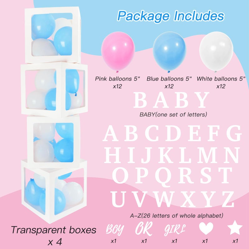 RUBFAC Baby Boxes with 41 Letters and 36 Balloons, 4pcs Clear Balloon Boxes for Baby Shower Gender Reveal Girl Boy Blocks Birthday Party Decorations - Image 2