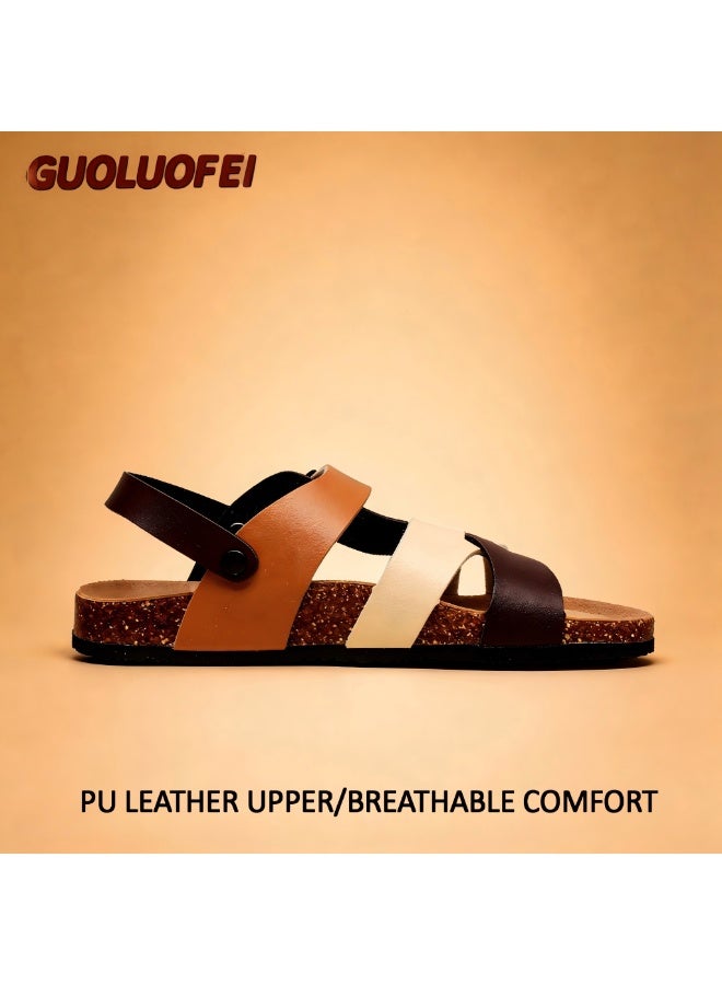 صنادل رومانية جديدة للرجال ذات حزامين متقاطعين من الجلد الصناعي والفلين، بحزام معدني قابل للتعديل، خفيفة ومتعددة الاستخدامات للخارج ومناسبة لعطلات الصيف - Image 5