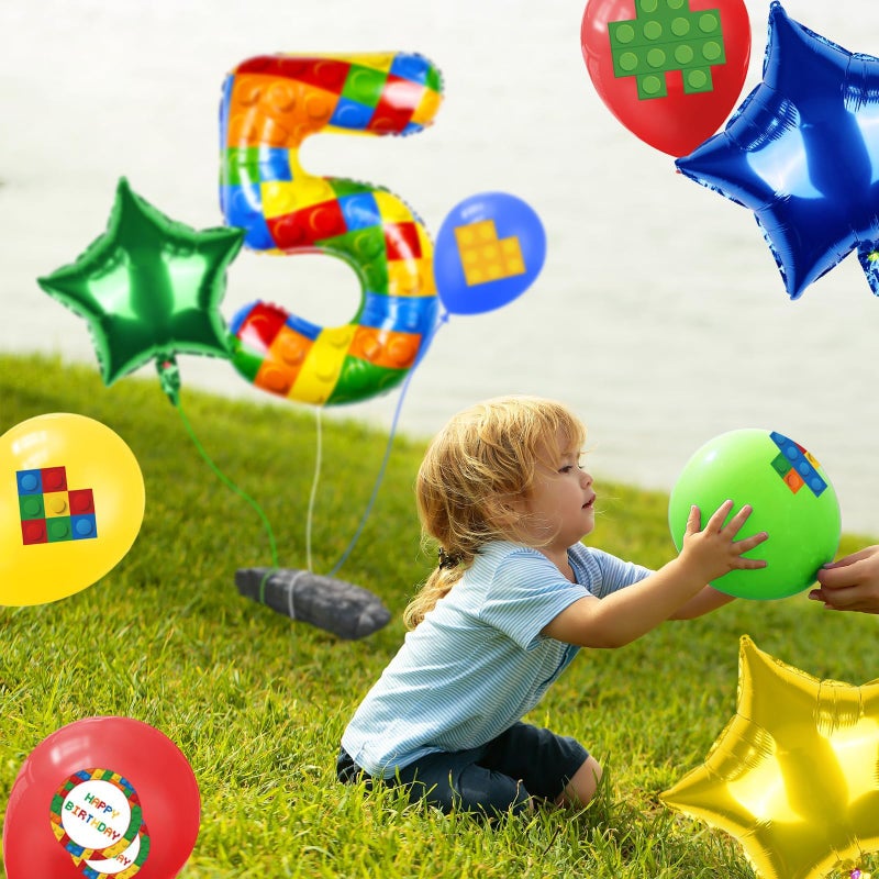 AXBMM 40 Inch Building Block Number Balloon, Colorful Number Block Foil Number 5 Balloons Large Big Numbers Helium Balloon for Girls Boys 5th Birthday Brick Theme Party Decorations (Number 5) - Image 5