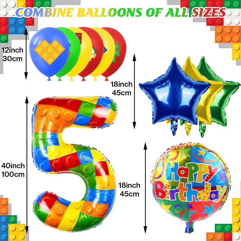 AXBMM 40 Inch Building Block Number Balloon, Colorful Number Block Foil Number 5 Balloons Large Big Numbers Helium Balloon for Girls Boys 5th Birthday Brick Theme Party Decorations (Number 5) - Image 2