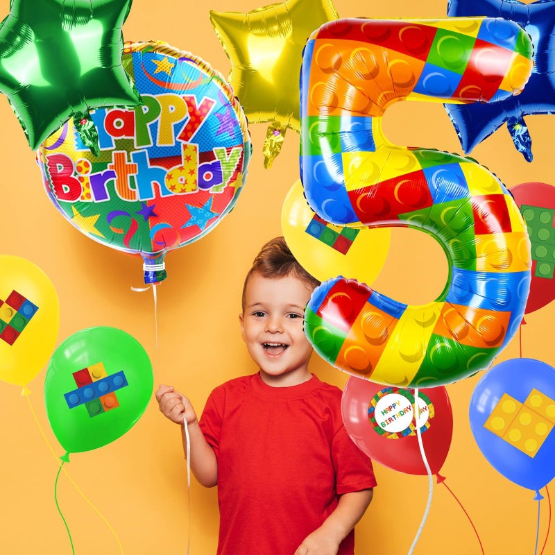 AXBMM 40 Inch Building Block Number Balloon, Colorful Number Block Foil Number 5 Balloons Large Big Numbers Helium Balloon for Girls Boys 5th Birthday Brick Theme Party Decorations (Number 5) - Image 4