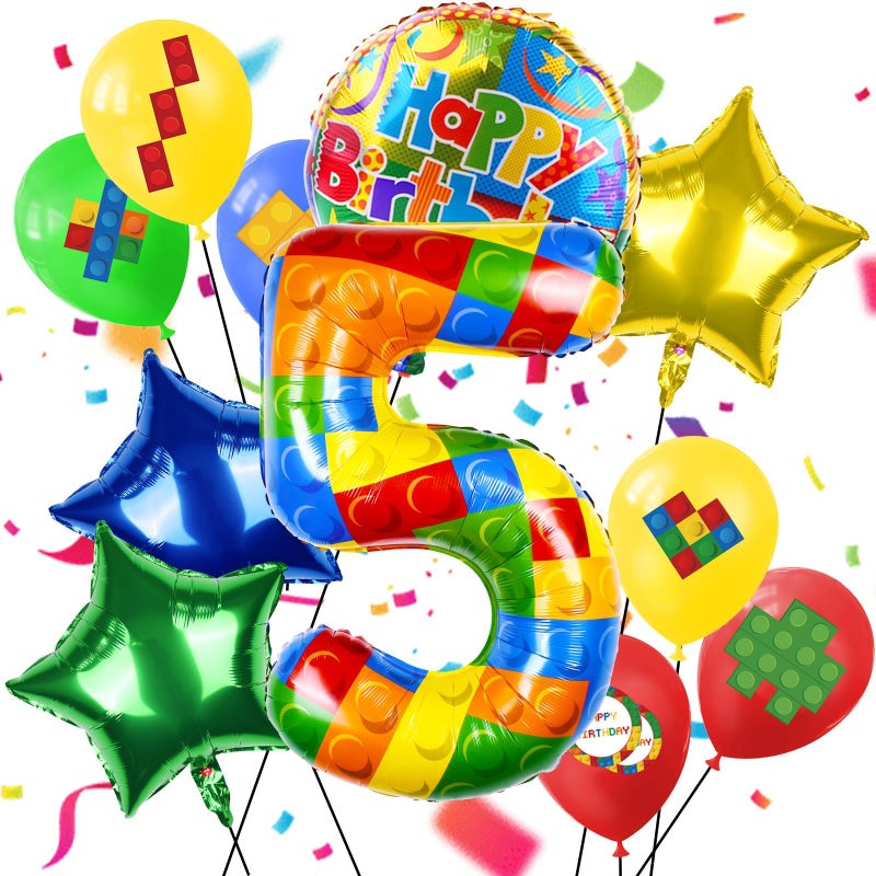 AXBMM 40 Inch Building Block Number Balloon, Colorful Number Block Foil Number 5 Balloons Large Big Numbers Helium Balloon for Girls Boys 5th Birthday Brick Theme Party Decorations (Number 5) - Image 1