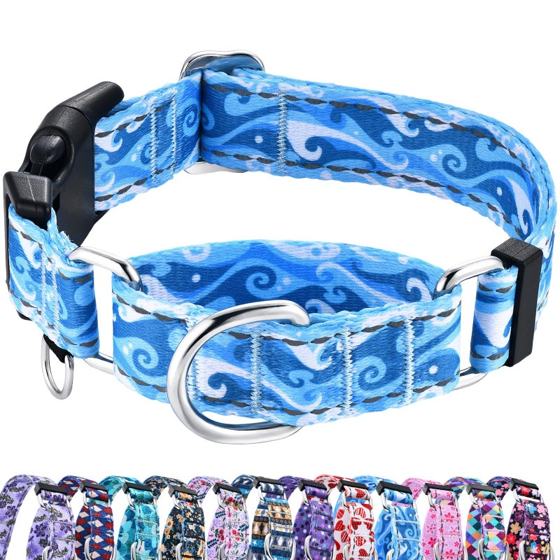 Fidohug Reflective Martingale Collar with Quick Release Buckle Anti Pulling Boy Male Adjustable Dog Collars (Blue Waves, Large) - Image 1