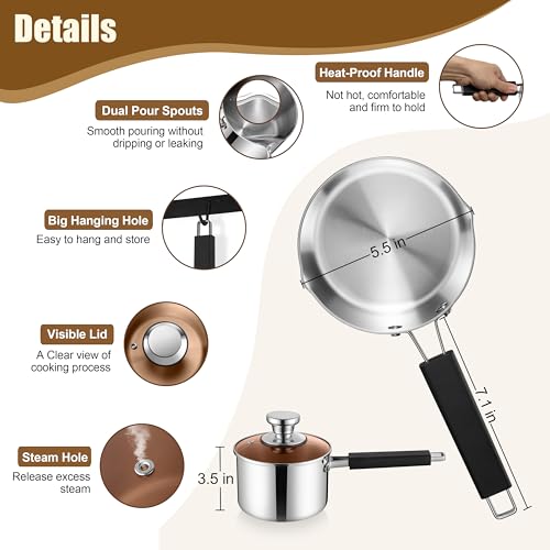 E-far Efar 1 Quart Sauce Pan with Lid Stainless Steel TriPly All Clad Small Cooking Pot with Pour Spout Multipurpose Induction Saucepan StayCool Handle Compatible with All Cooktops Dishwasher Safe - Image 3