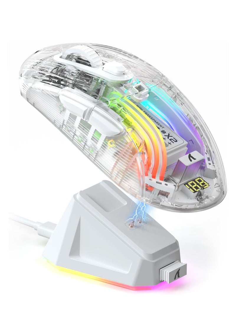 هجوم القرش ماوس العاب لاسلكي شارك X2 برو من اتاك مع قاعدة شحن RGB ثلاثية الاوضاع 2.4G/بلوتوث/سلكي، ماوس بدون ضوضاء باضاءة خلفية RGB، غلاف شفاف، بيكسارت 3212 4000 نقطة لكل بوصة، ويندوز وماك، ابيض - Image 1