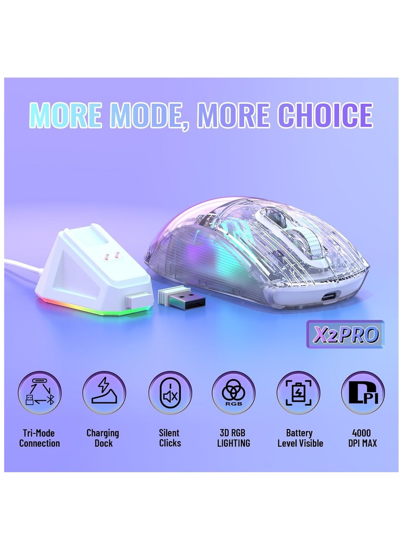 هجوم القرش ماوس العاب لاسلكي شارك X2 برو من اتاك مع قاعدة شحن RGB ثلاثية الاوضاع 2.4G/بلوتوث/سلكي، ماوس بدون ضوضاء باضاءة خلفية RGB، غلاف شفاف، بيكسارت 3212 4000 نقطة لكل بوصة، ويندوز وماك، ابيض - Image 2