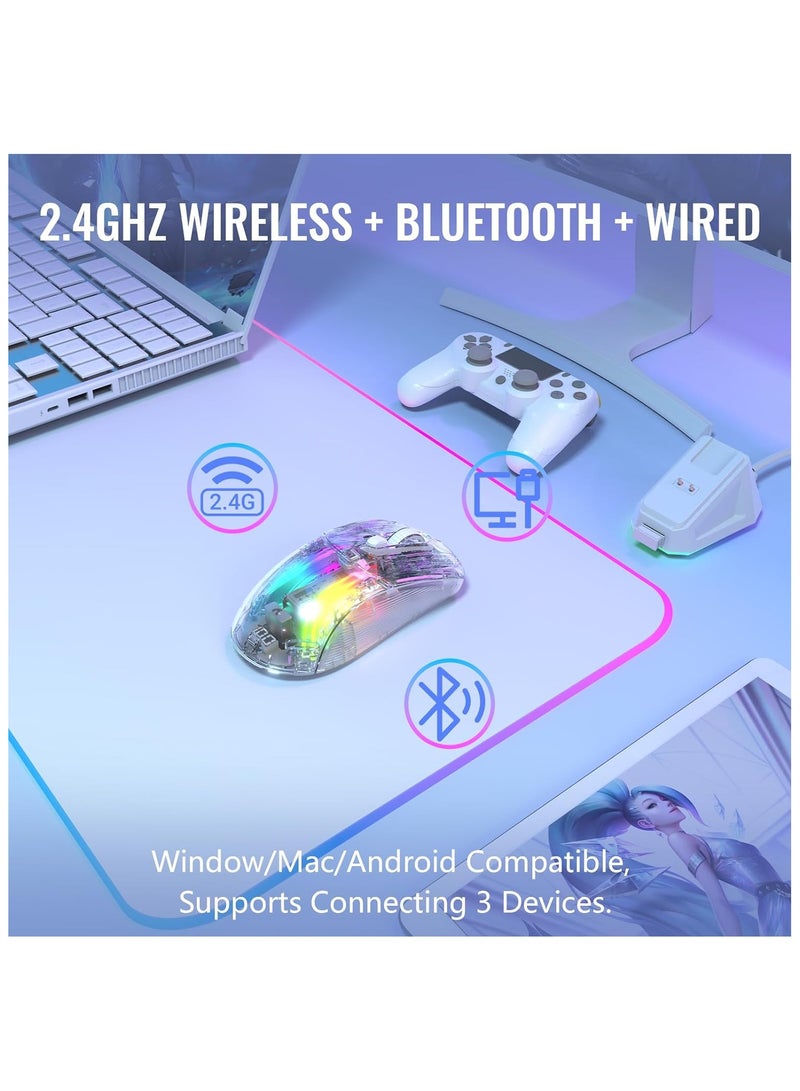 هجوم القرش ماوس العاب لاسلكي شارك X2 برو من اتاك مع قاعدة شحن RGB ثلاثية الاوضاع 2.4G/بلوتوث/سلكي، ماوس بدون ضوضاء باضاءة خلفية RGB، غلاف شفاف، بيكسارت 3212 4000 نقطة لكل بوصة، ويندوز وماك، ابيض - Image 3