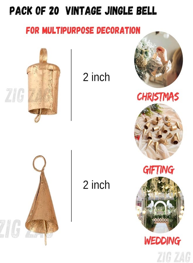 ZIG-ZAG ZIG ZAG Vintage Tin Cow Bells (Pack of 20) Handmade Rustic Jingle Bells for Christmas Tree Decoration, Crafts & Birthday Party Decor, Size 2 inch, Gold - Image 4