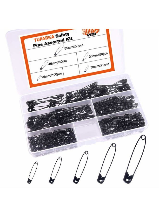 Tuparka 5 Sizes Black Safety Pins Assorted 25-55mm Small and Large Safety Pins for Art Craft Sewing Jewelry Making in a PP Box (300 pcs) - Image 1