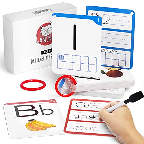 Gamenote Dry Erase Alphabet and Number Flash Cards - Write and Wipe Laminated ABC Letter Tracing Practice Card for Kindergarten (47 Flashcards with 2 Rings and Marker) - Image 1