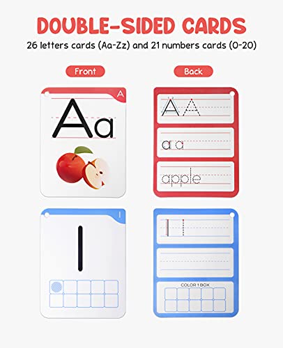 Gamenote Dry Erase Alphabet and Number Flash Cards - Write and Wipe Laminated ABC Letter Tracing Practice Card for Kindergarten (47 Flashcards with 2 Rings and Marker) - Image 2